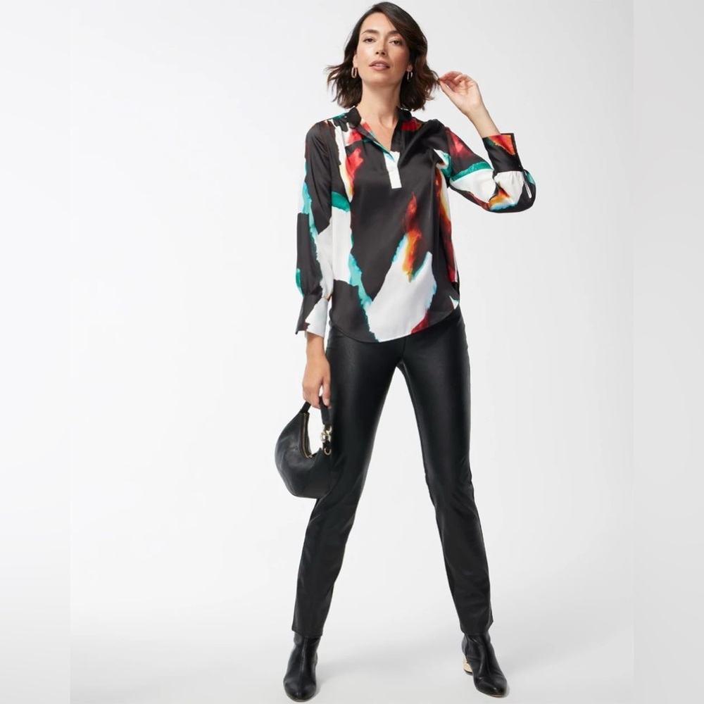 Chico’s Multicolor Abstract Silky Long Sleeve Pullover Blouse